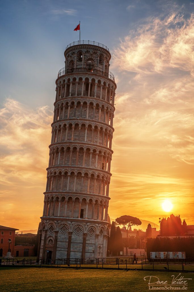 A sunset view of Leaning Tower of Pisa